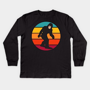 Big Foot Walking Retro Vintage Sunset Bigfoot Kids Long Sleeve T-Shirt